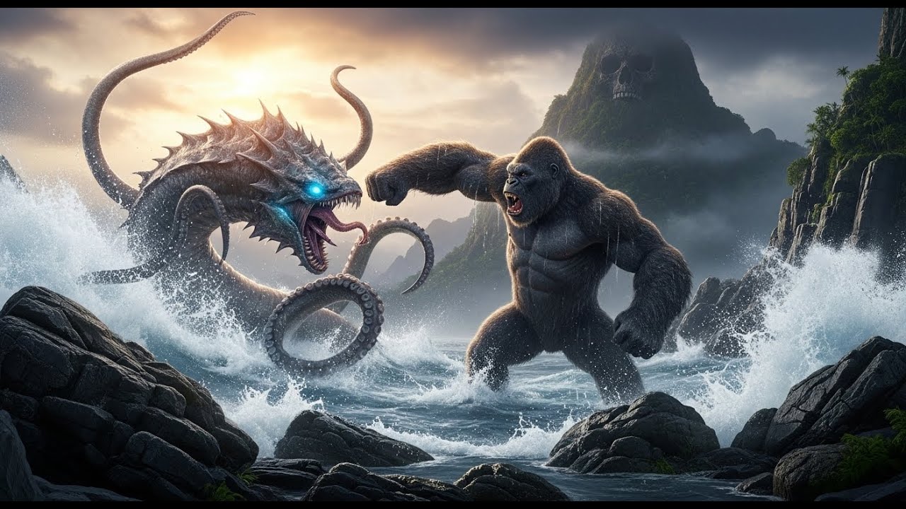 giant sea monster attacks epic fight scene on skull island with kong