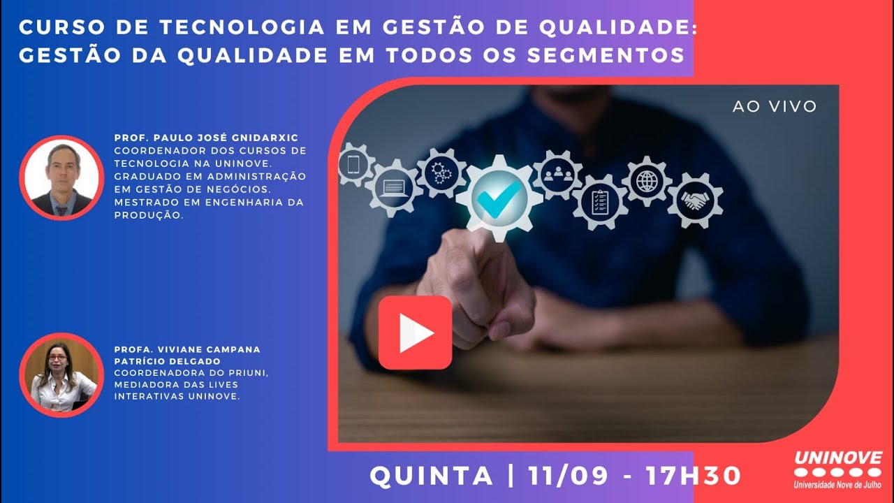 UNINOVE LIVE - CURSO DE TECNOLOGIA EM GESTÃO DE QUALIDADE: GESTÃO DA QUALIDADE EM TODOS OS SEGMENTOS