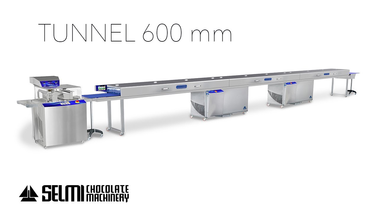 Tunnel 600 mm Selmi. Глазирование, формировние и охлаждение продуктов из шоколада