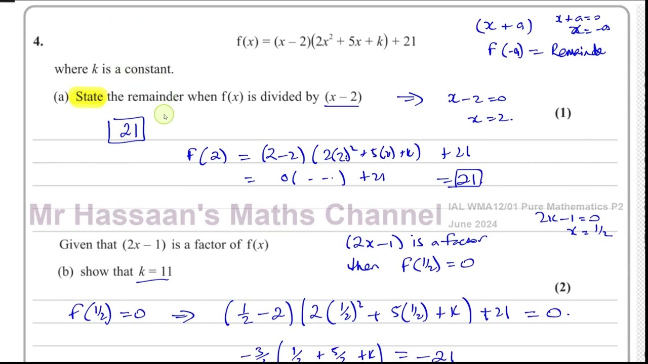WMA12/01, (Edexcel), IAL, P2, June 2024, Q4 Factor & Remainder Theorems, Algebraic Long Division