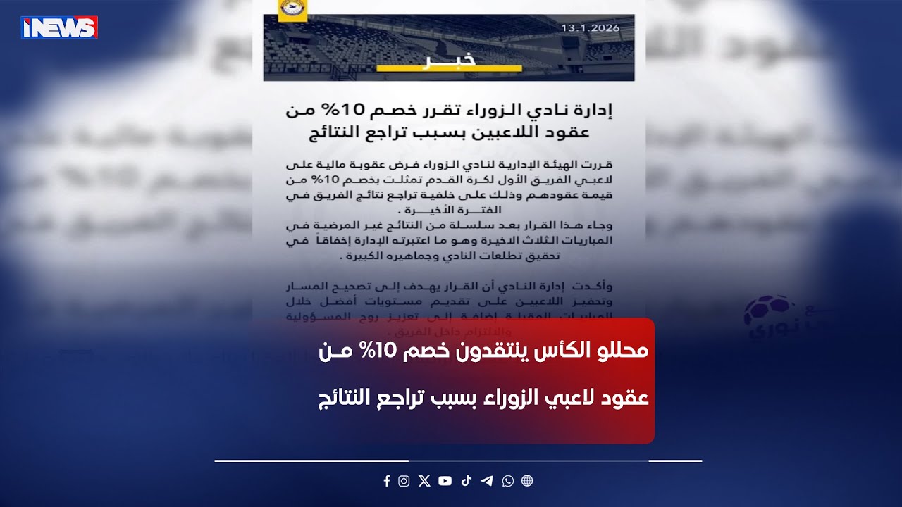 محللو الكأس ينتقدون خصم 10% من عقود لاعبي الزوراء بسبب تراجع النتائج #اي_نيوز #الكاس_علي_نوري  #م_ع