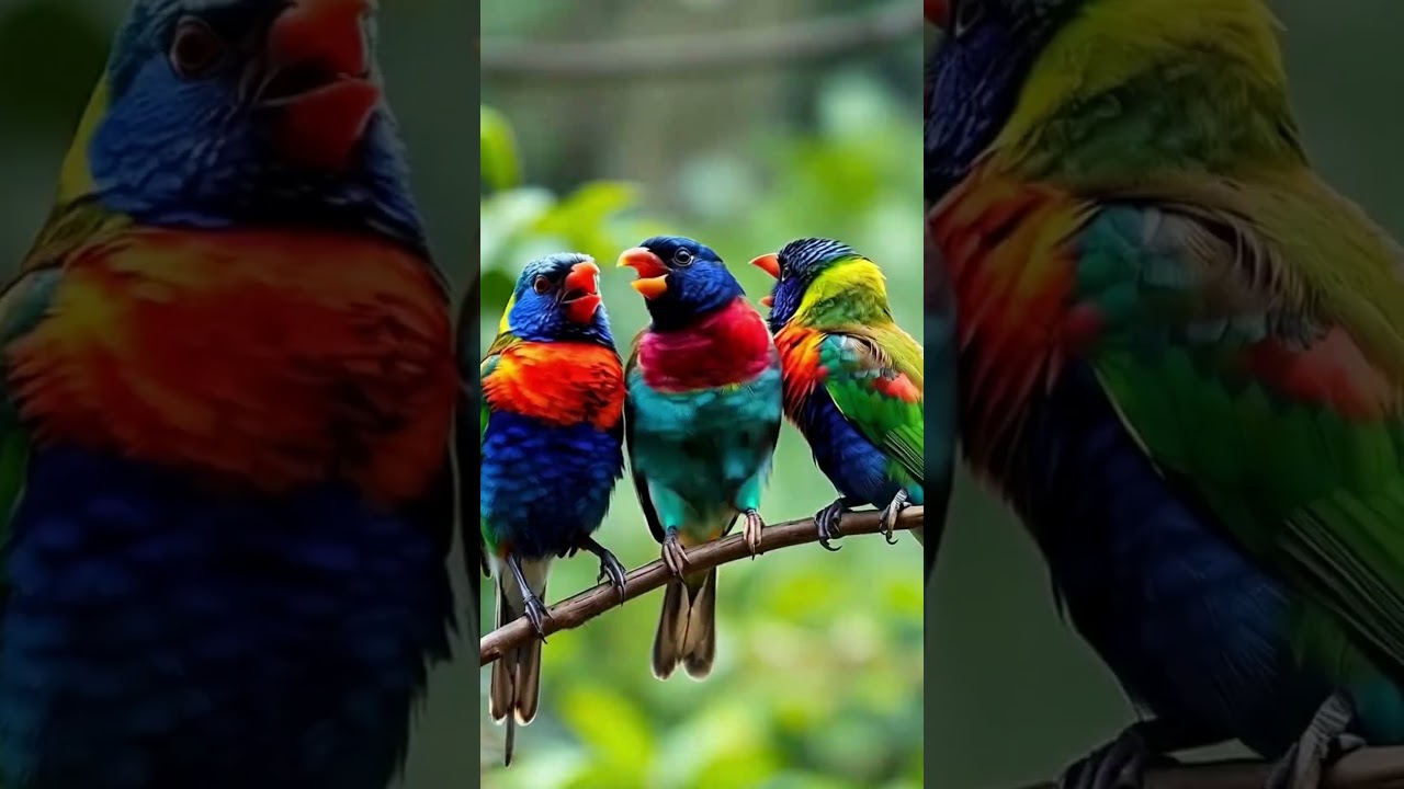 Nature’s Chatroom: Three Birds, One Story 🌿🐦The Language of Wings: A Colorful Forest Conversation 🕊️
