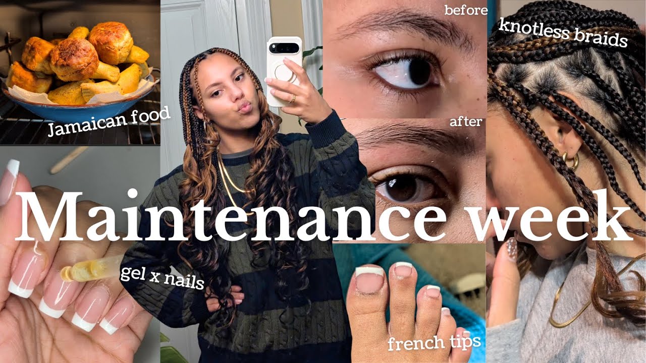 diy maintenance week 💅🏽🛁 | gel X french tips, french curl braids, pedicure and eyebrows on fleek 🎀
