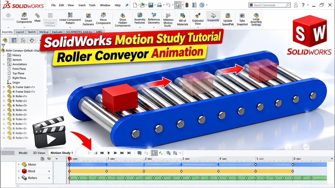 SolidWorks Motion Study Tutorial | Roller Conveyor Animation