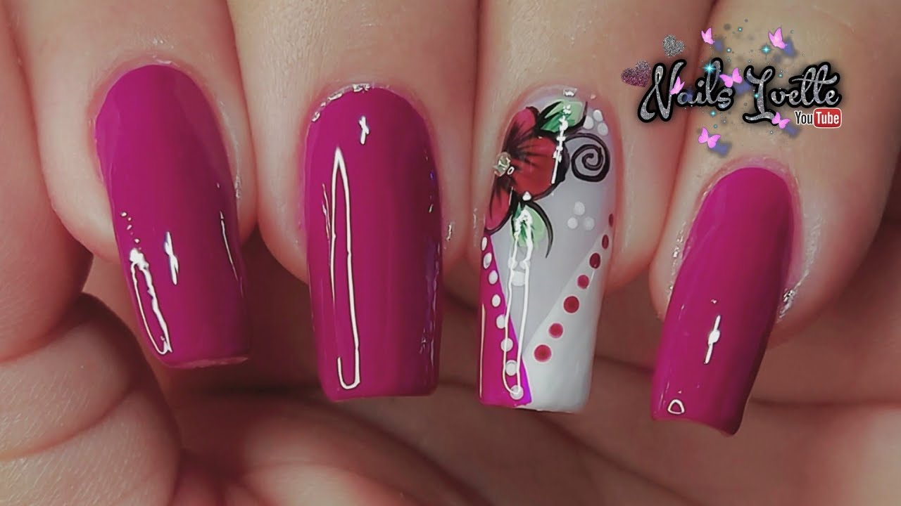 Uñas decoradas rojo vino / Diseño de uñas con flor sencilla / Decoración de uñas frances con puntos