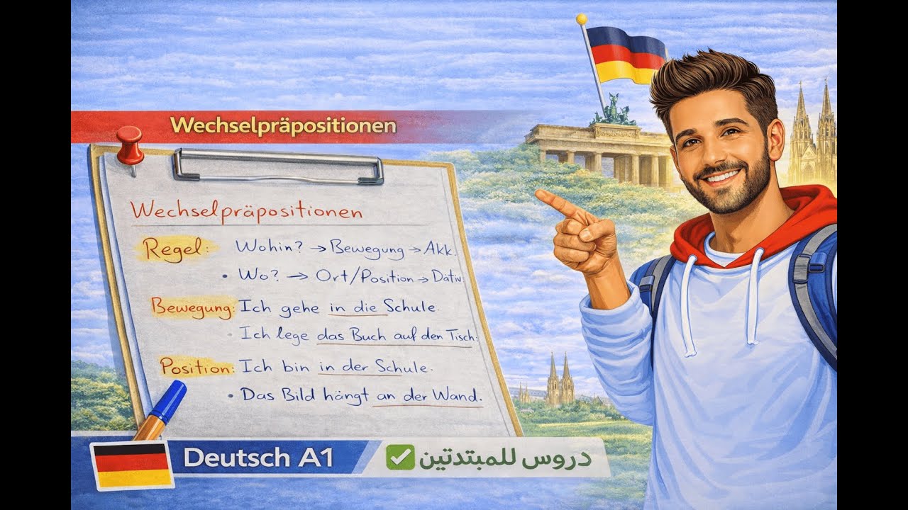 حروف الجر المتغيرة في اللغة الألمانية | Deutsch A1 – Wechselpräpositionen (Akk. / Dat.)