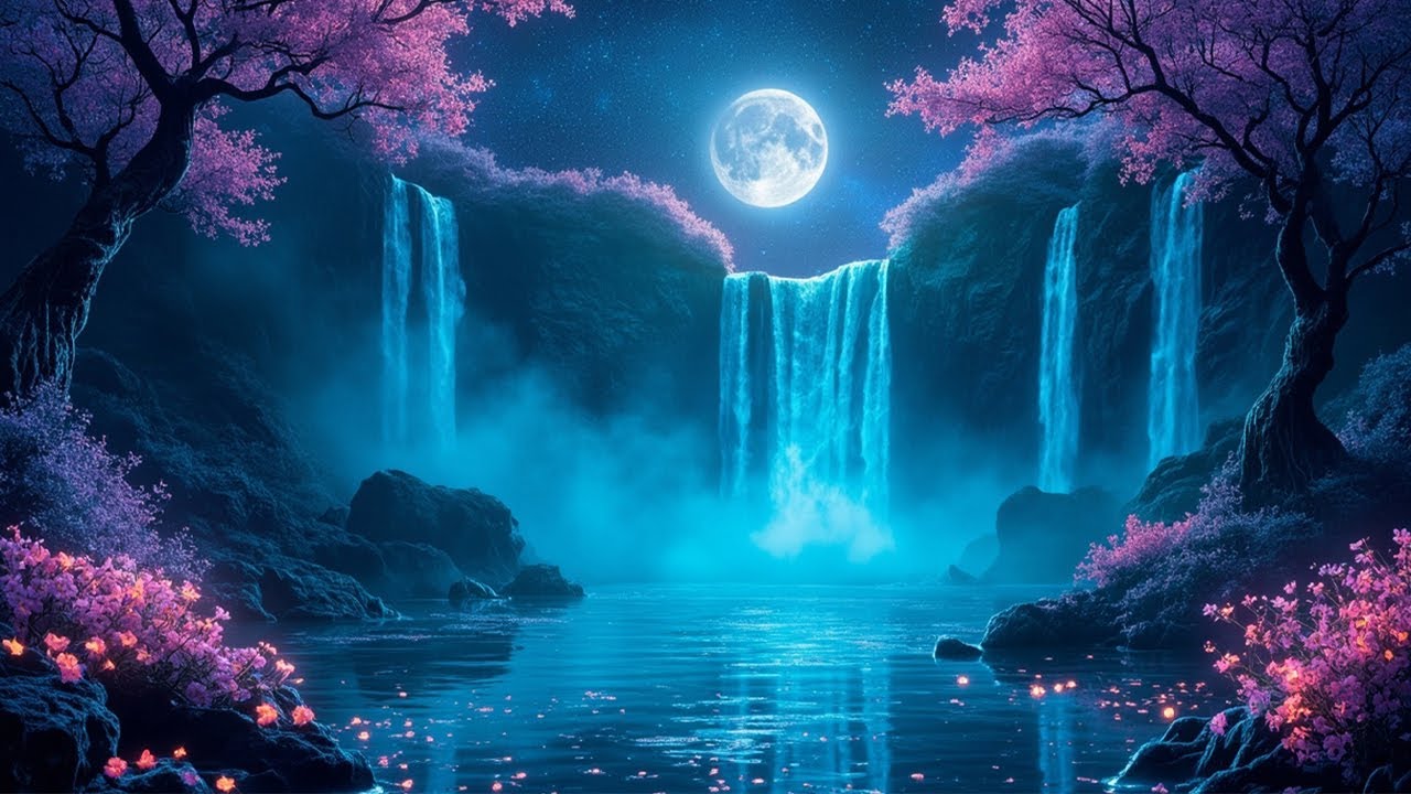 Magical Night Waterfall | Relaxing Sleep Music, Deep Meditation, Fantasy Ambience