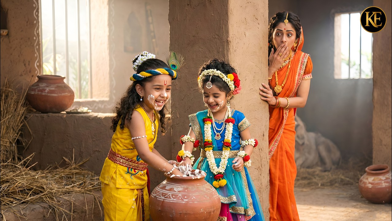 राधा के पास छुपकर माखन खाते हुए कान्हा, मैया ने पकड़ लिया || मैया यशोदा का नंदलाला ||  YMKN