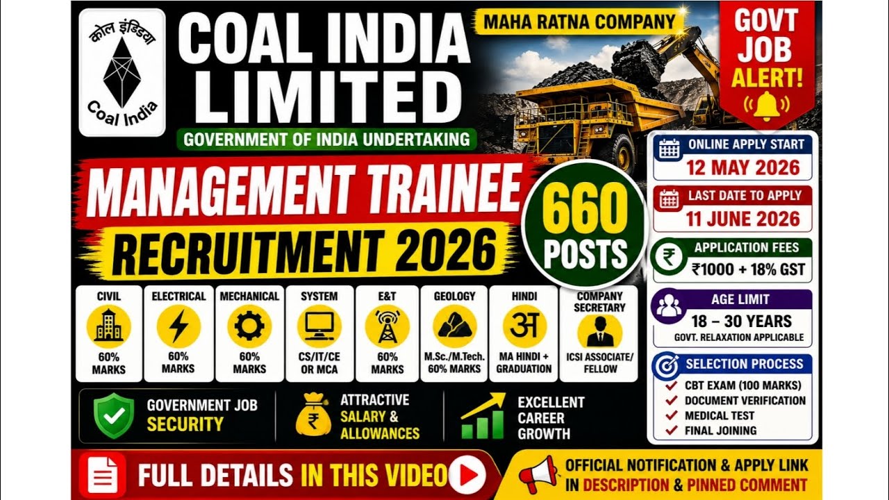 Coal India Limited Recruitment 2026 🔥 660 Management Trainee Posts | Govt Job 2026 | Apply Online |