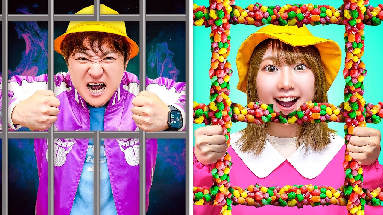 【対決】たすけて〜＞＜警察にタイホされちゃった!?悪い子 vs 警察！おもしろお絵描きやギャグで笑わせろ！小学生と幼稚園児力を合わせてお菓子の牢屋を脱出だ！