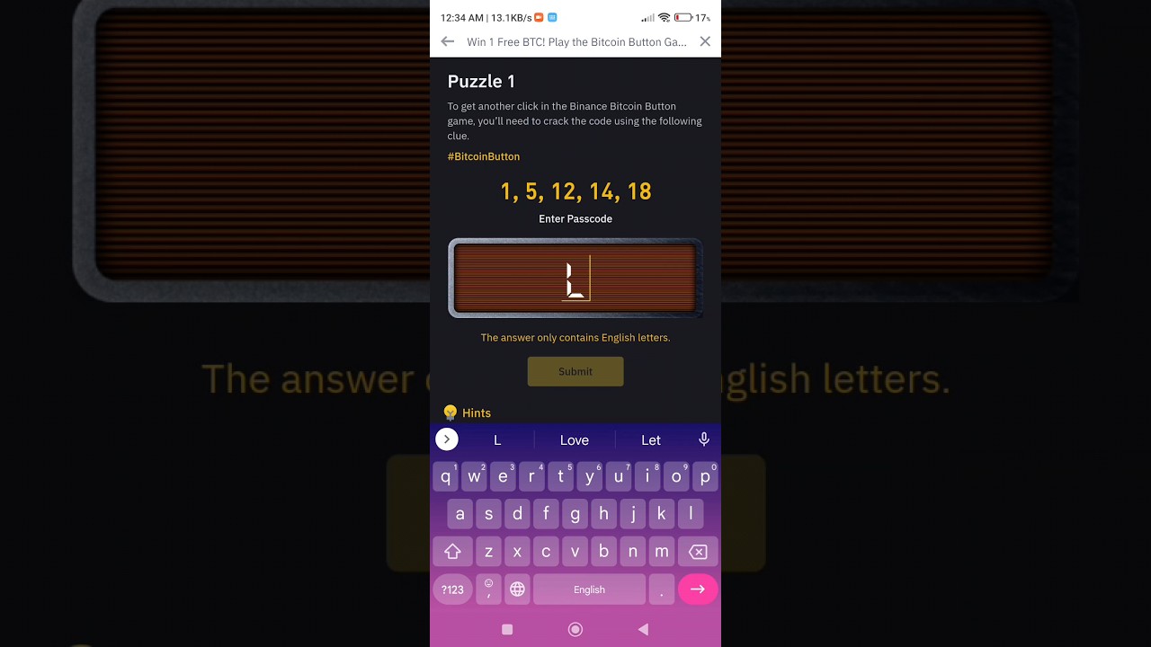 Puzzle 1 Answer || Binance Bitcoin Button Passcode Solve || Win One Bitcoin