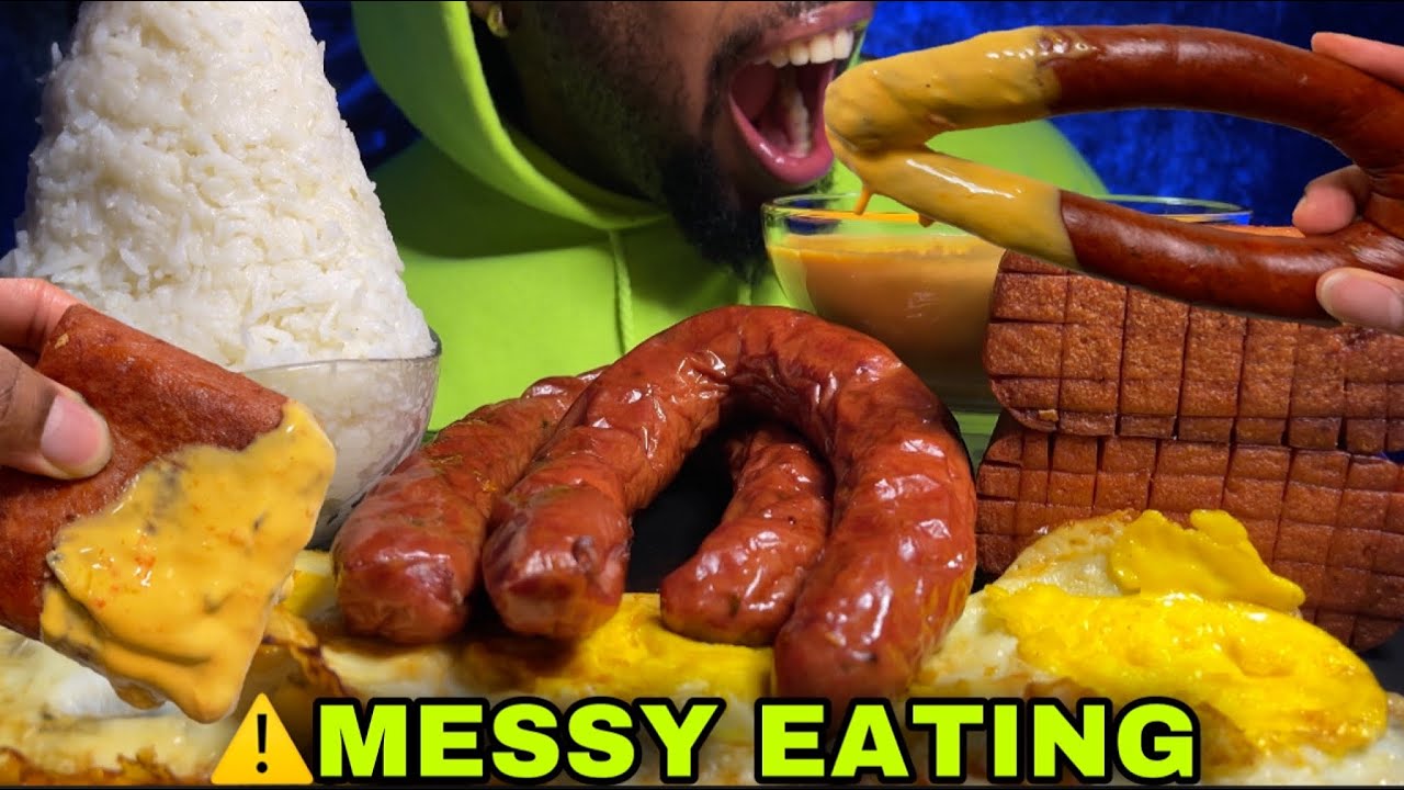 ⚠️MESSY EATING SPICY CHEESE SAUCE🤤KIELBASA SAUSAGE, SPAM, MOUNTAIN RICE & EGGS