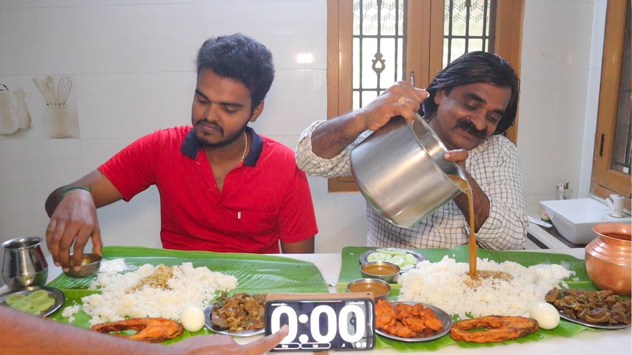 Basmati Rice, Chicken 65, Mutton Varuval, Fish fry, Egg Eating Challenge | Namma Ooru Non-Veg Feast
