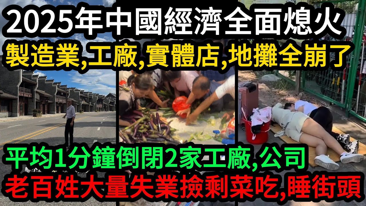 國經濟全面熄火，各行各業開始走衰：上到製造業工廠下到實體店、地攤大量倒閉，慘不忍睹！老百姓大量失業撿剩菜吃、睡大街，2025年是建國以來最難的一年，也是最好的一年。#中國 #中国
