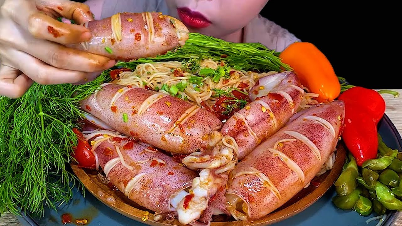 MUKBANG EATING SEAFOOD||SPICY RICE NOODLES SALAD & SQUID * ตำปลาหมึก *