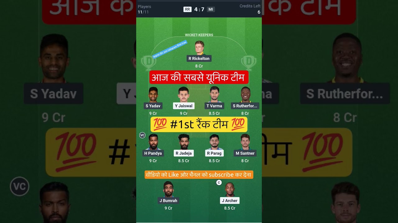 RR VS MI T20 Dream11 Prediction | RR VS MI Dream11 Team Of Today Match | RR VS MI dream11 | #dream11