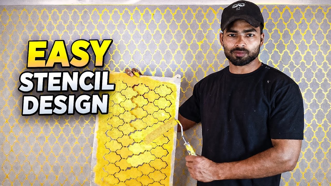 DIY Easy wall stencil design | golden matellic paint wall texture design 