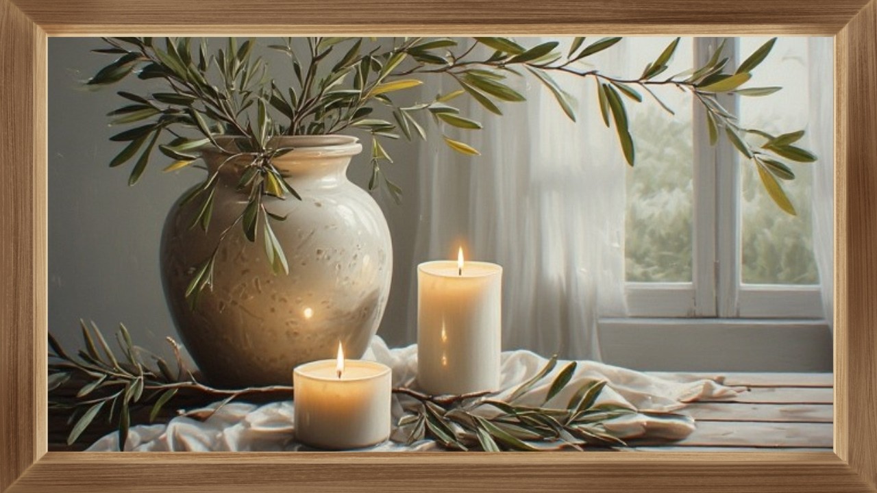 Arte para TV | Jarrón con ramas de olivo y velas 🌿🕯️ | Cuadro enmarcado (Loop)