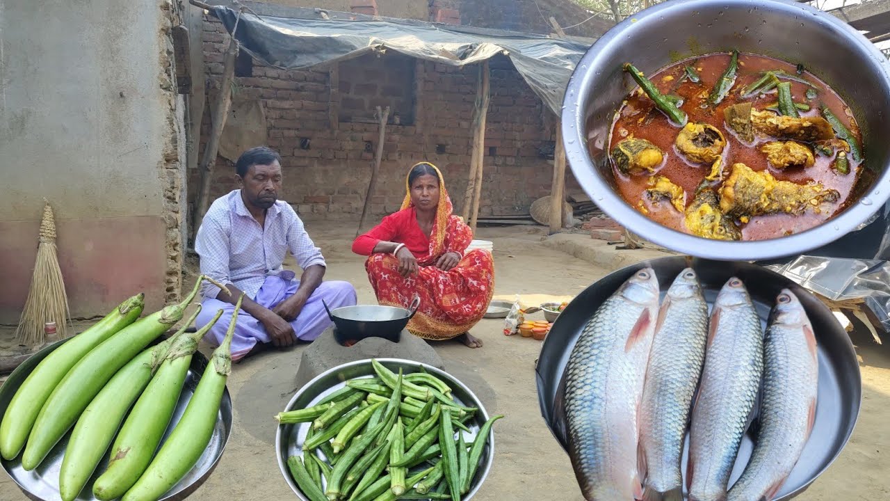 Parents cooking FISH CURRY with Ladyfingers|Egg brinjal curry cooking|Special food of the village