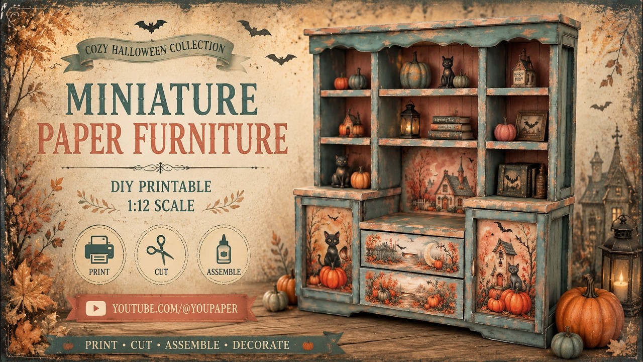 DIY Miniature Cozy Halloween Hutch | Printable Dollhouse Furniture Tutorial | 1:12 Scale