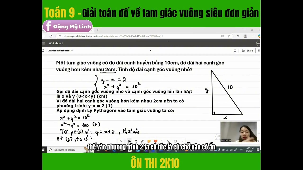 Toán 9: Một tam giác vuông có độ dài cạnh huyền là 10cm, độ dài hai cạnh góc vuông hơn kém nhau 2 cm