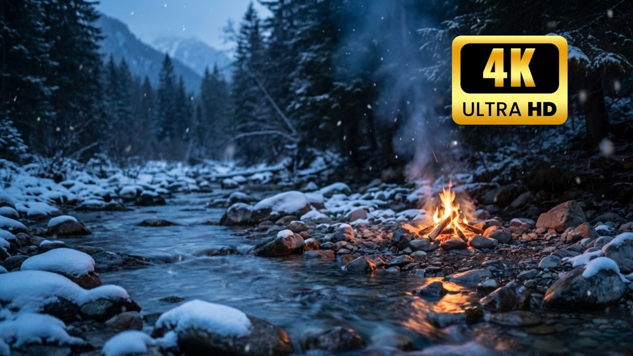 The Most Peaceful Riverside camp at snow ❄️ 🔥 Fire Pit, Gentle River & Nature Sounds for Relaxation