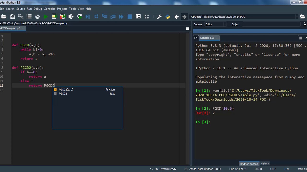 Python - PGCD (Euclidean algorithm) using recursive function and ternary operator