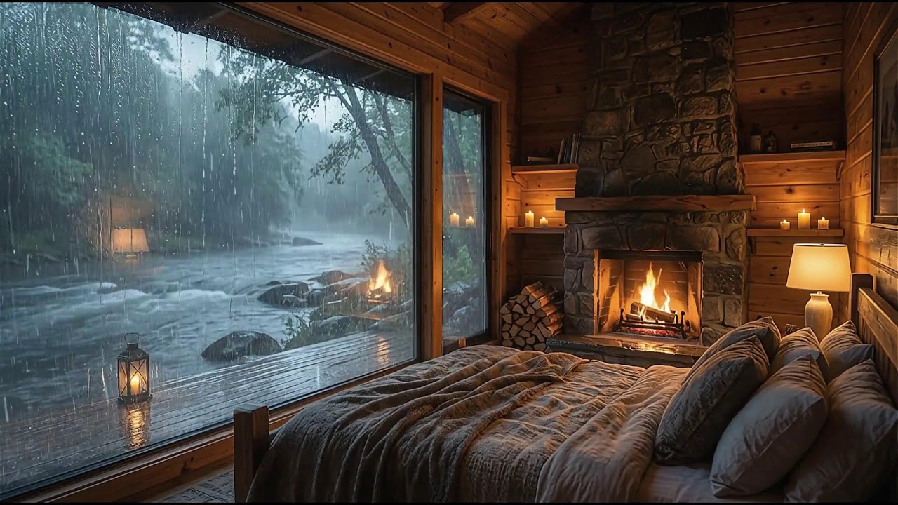 INSIDE The Cabin: Heavy Rain, Fireplace, River View. Deep Sleep Sounds (8K Cinematic)