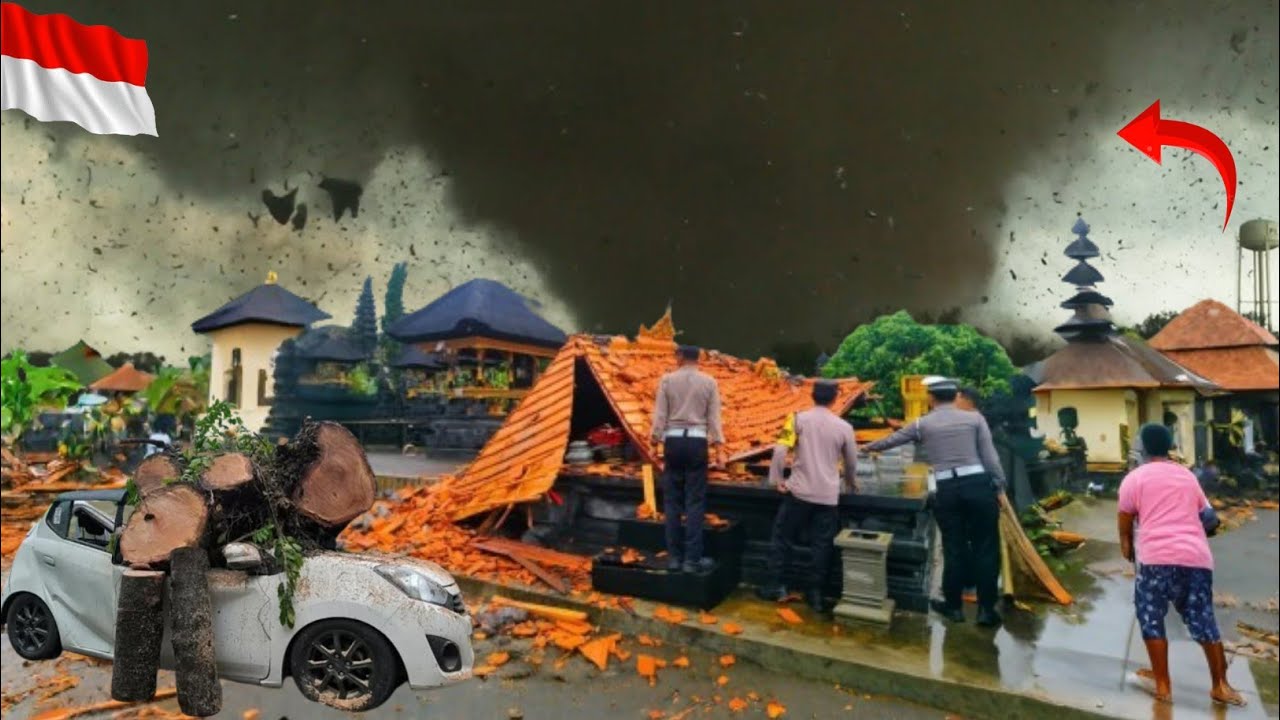 Extreme weather disaster in Bali, Indonesia! Buildings collapse after tornado, strong winds hit Bali