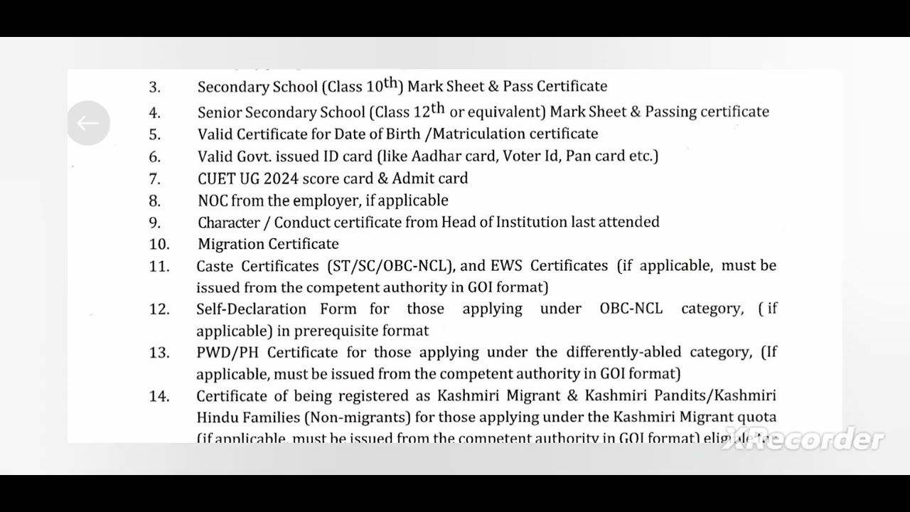 LIST OF DOCUMENT REQUIRED DURING OFFLINE DOCUMENT VERIFICATION CUM COUNCELLING AT CUJ.DETAIL VIDEO