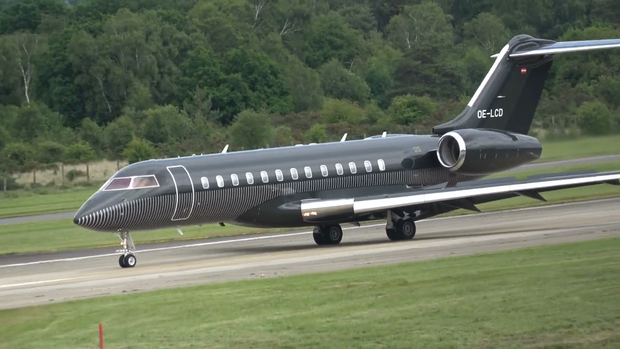 NICE LOOKING GLOBAL EXPRESS OE LCD ARRIVING AT FARNBOROUGH /EGLF RUNWAY 24 FROM ZURICH 0706