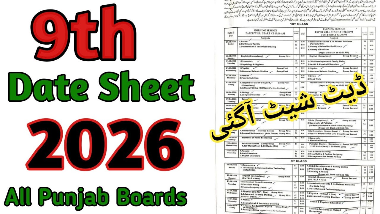 9ht Class Official Date Sheet 2026 | Grade 9th Date Sheet 2026 | All Punjab Boards
