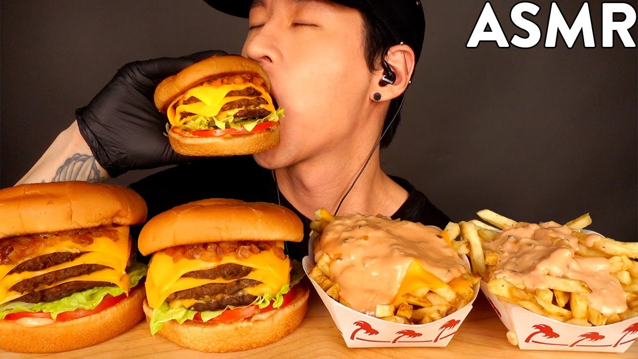ASMR TRIPLE CHEESEBURGERS & ANIMAL STYLE FRIES MUKBANG (No Talking) EATING SOUNDS | Zach Choi ASMR