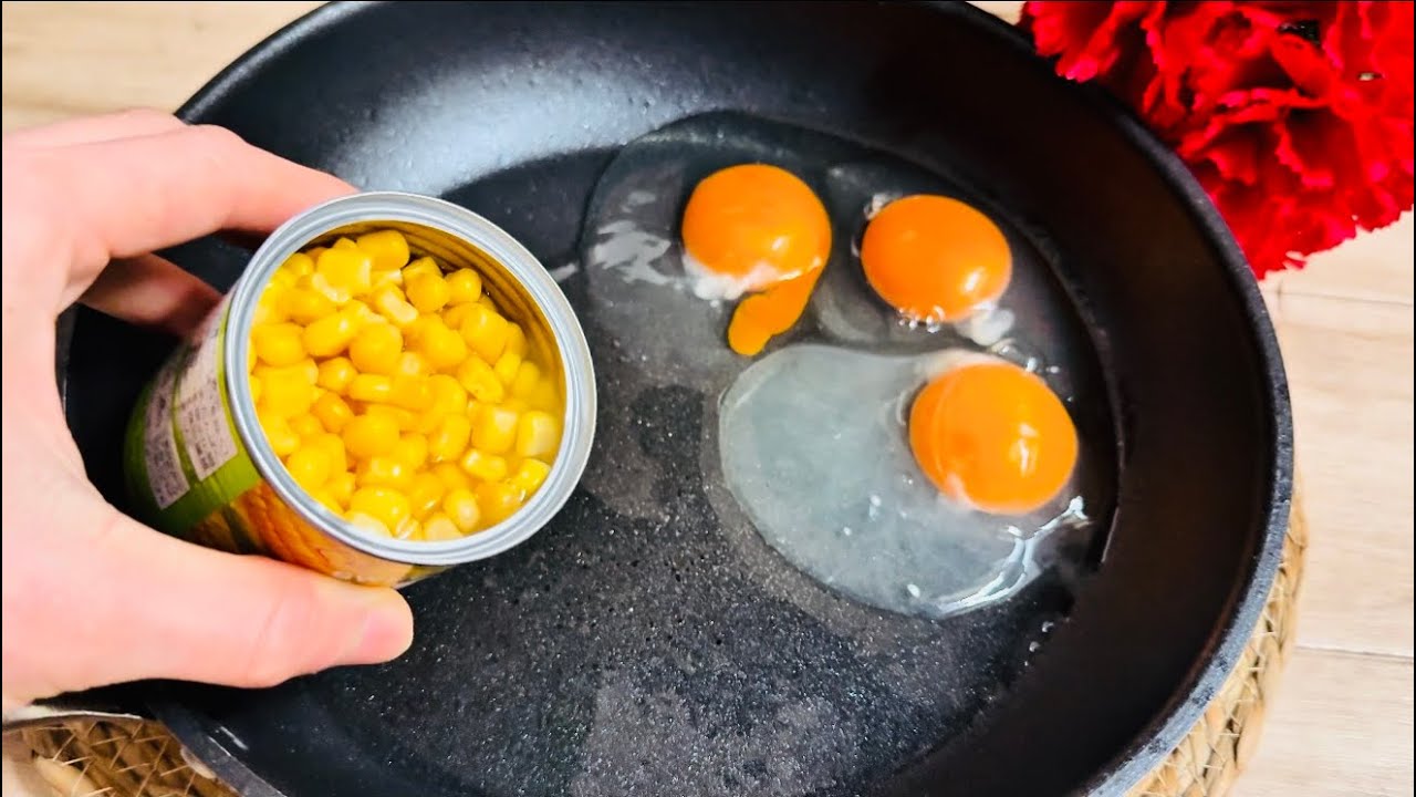 Canned corn and eggs are the most delicious dish in the world! It’s simple, and I cook it every week