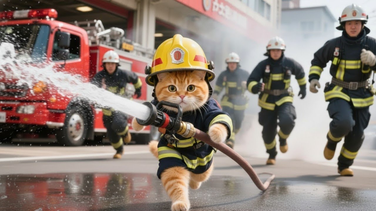 Ginger kittens practice being firefighters 🚒 Mother cat is proud when rabbit is rescued 🧑‍🚒🐇