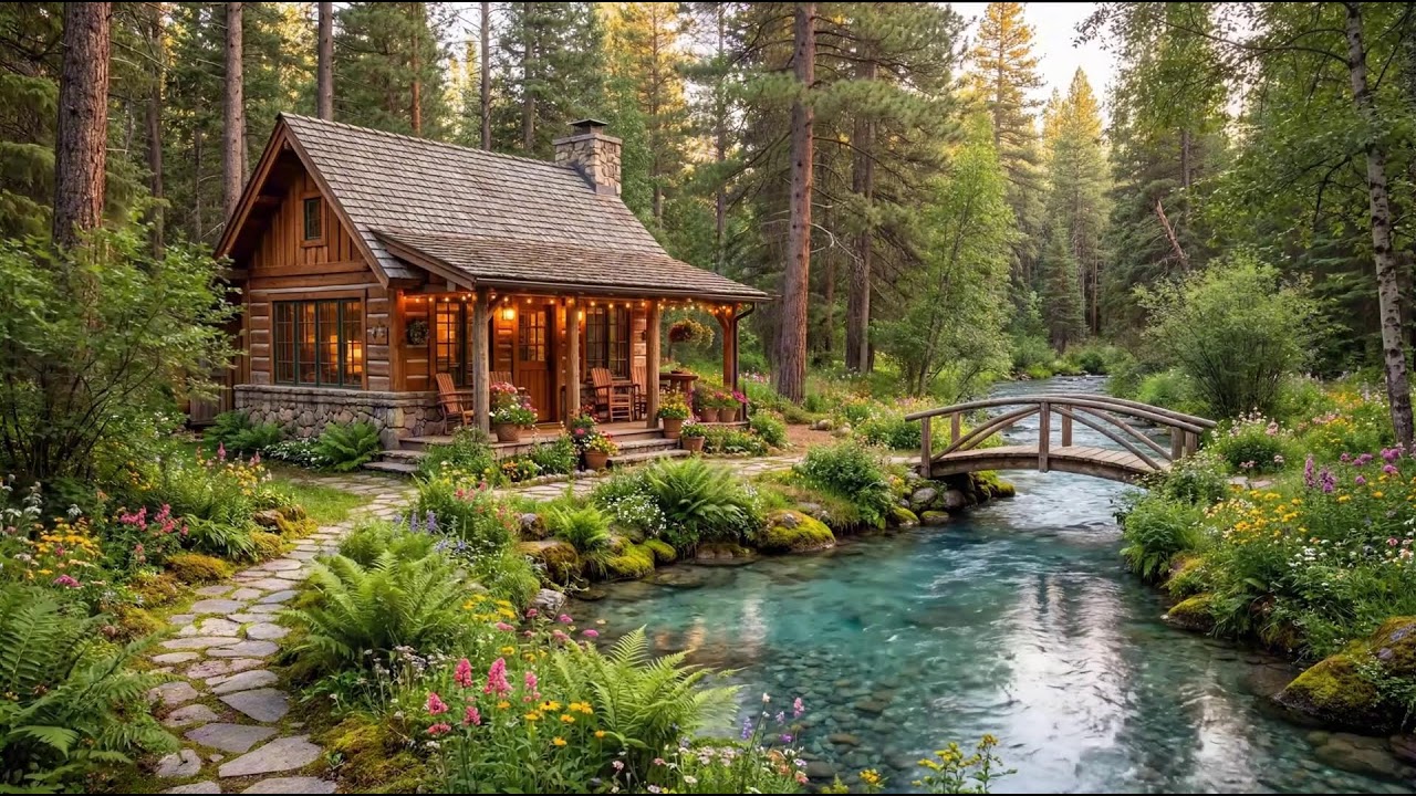 Cozy Forest Cabin by a Crystal Stream | Relaxing Nature Ambience