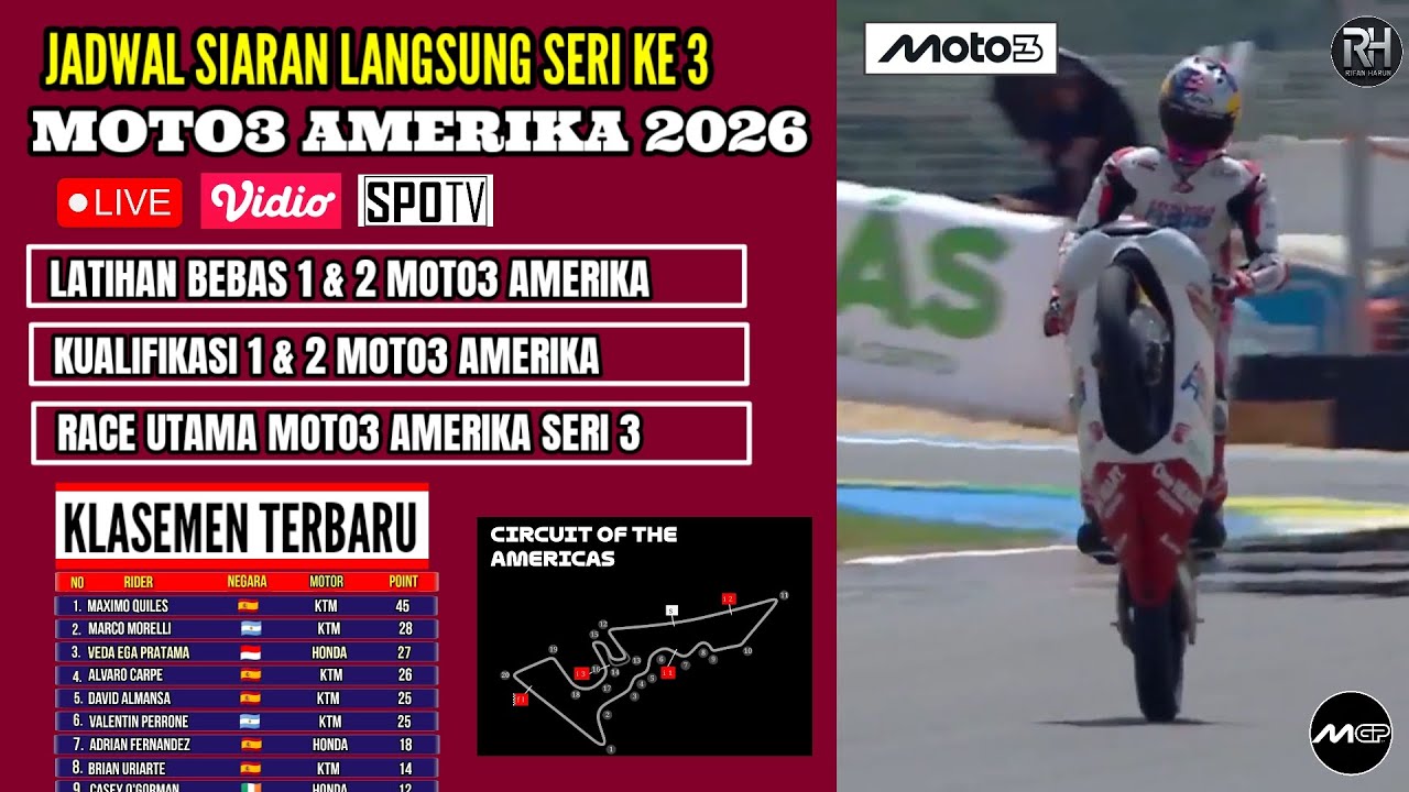 Jadwal Moto3 Amerika 2026 Seri 3~Klasemen Veda Ega Pratama Moto3 2026~Siaran Langsung Live Spotv