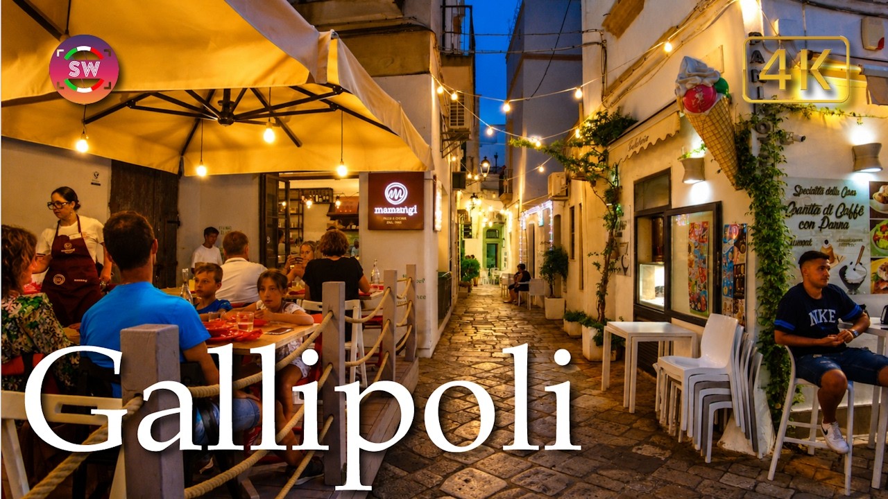 Gallipoli at dusk (Puglia), Italy【Walking Tour】History in Subtitles - 4K