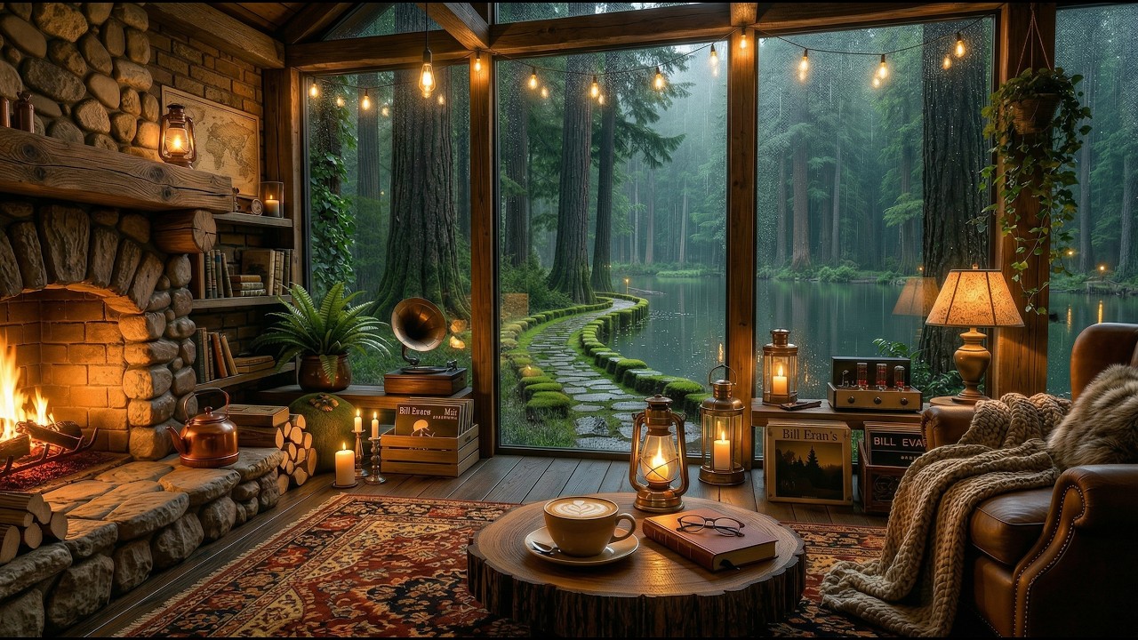 Cozy Rainy Forest Jazz from the Cabin 4K 🌧️ Relaxing Lake View | Jazz for Study, Work