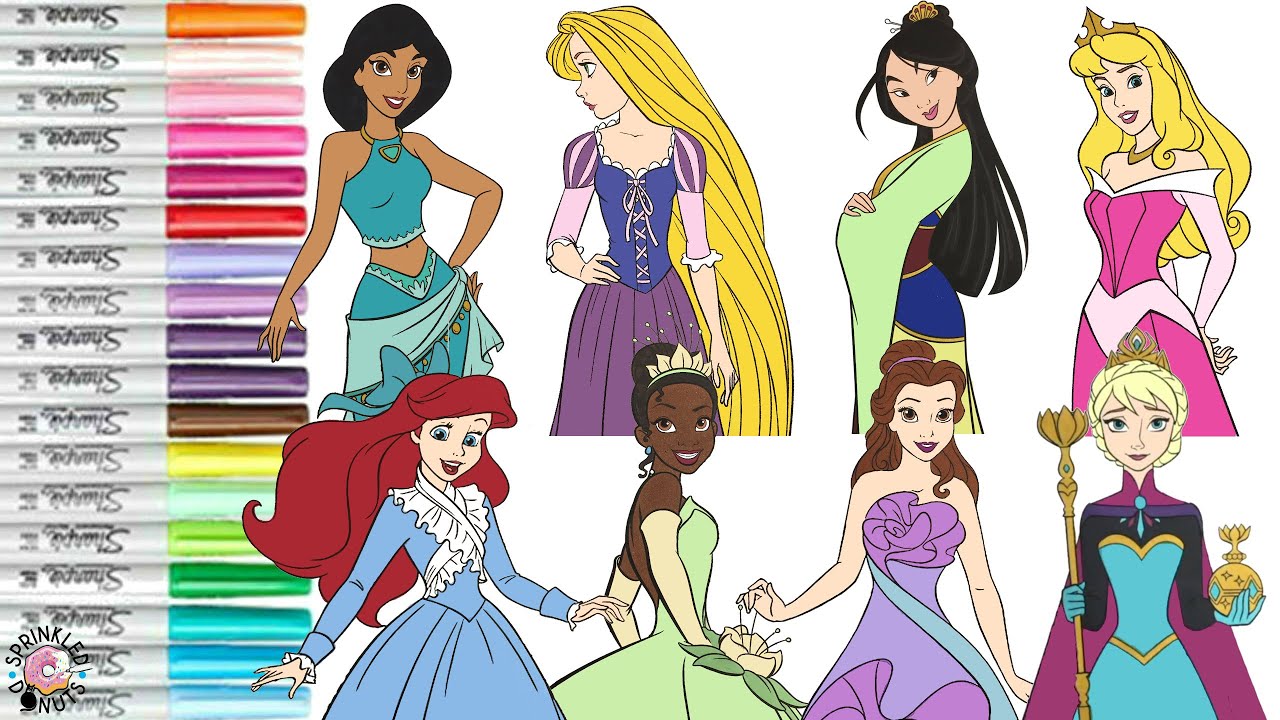 Disney Princess Coloring Book Compilation Tiana Belle Mulan Jasmine Ariel Aurora Elsa Rapunzel