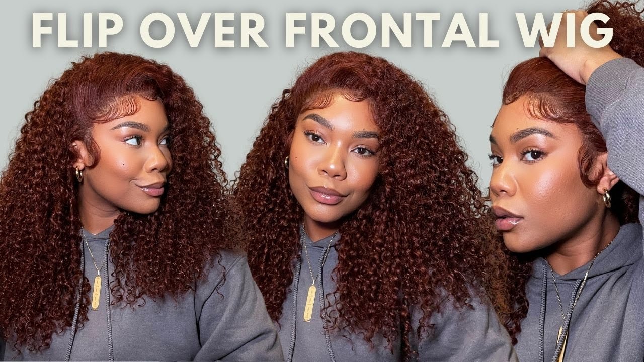 FLIP OVER FRONTAL & BIG BABY HAIR Reddish Brown Jerry Curly Wig Install NO GLUE Ft Julia Hair