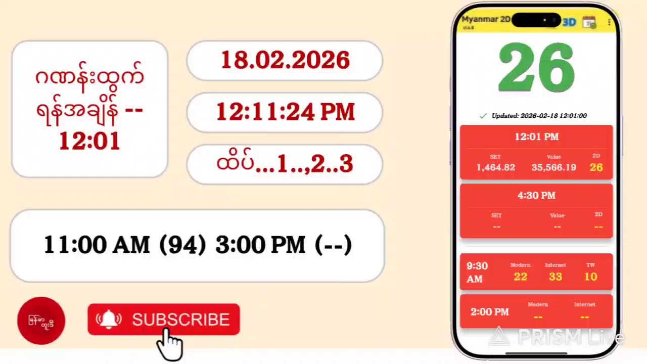 18.02.2026 | 12:01 |ဟူးမနက် 2D Live