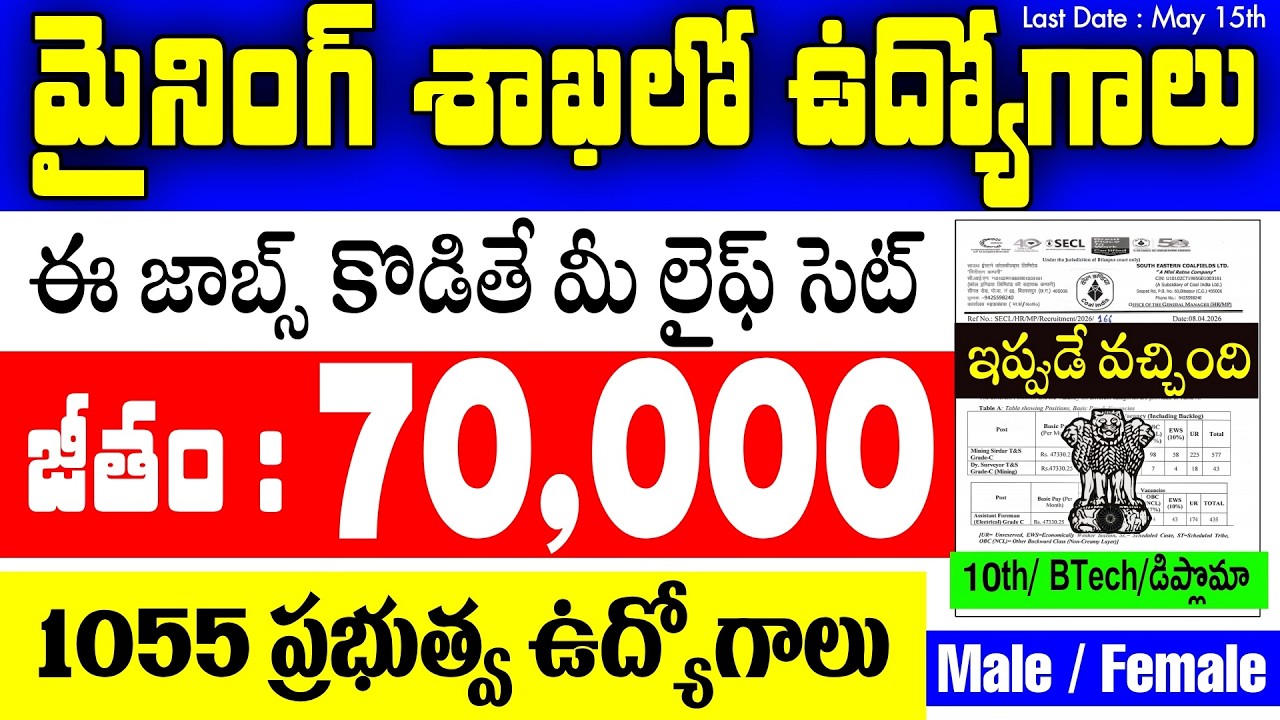 🔥 ఈ జాబ్స్ కొడితే మీ లైఫ్ సెట్ | మైనింగ్ శాఖలో 1055 ఉద్యోగాలు | 70,000 జీతం | SECL Recruitment 2026