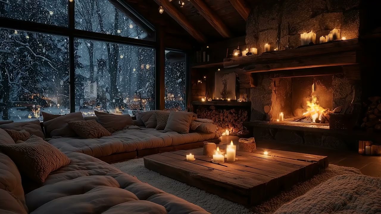 Snowy Winter Night | Relaxing Piano and Fireplace Sounds for Focus, Sleep & Holiday Calm