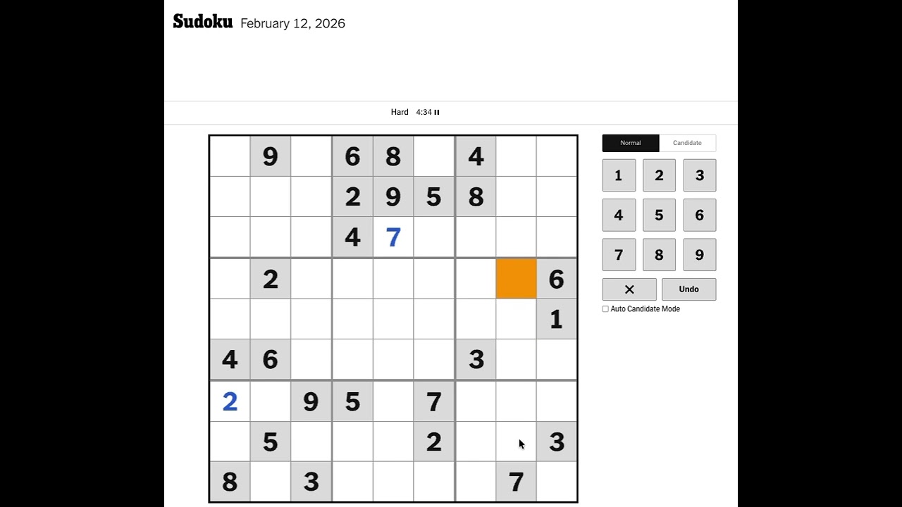New York Times Sudoku Hard Solution for February 12, 2026: Solving without Markings