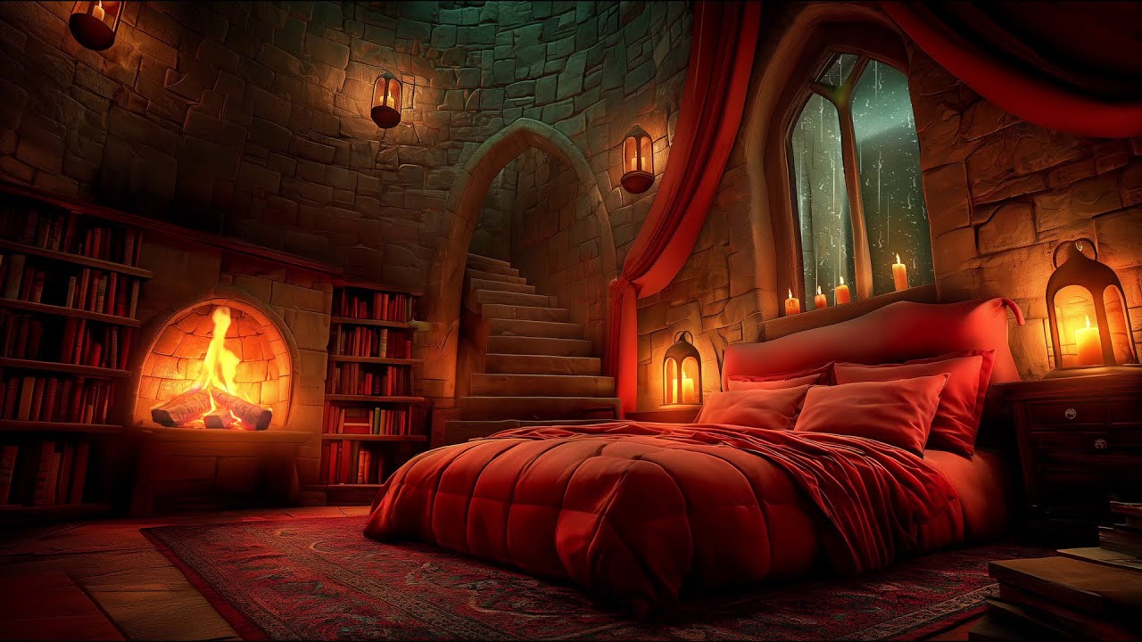 Warm Fireplace & Thunderstorm - Relaxing Rain Ambience in a Snug Little Castle Room