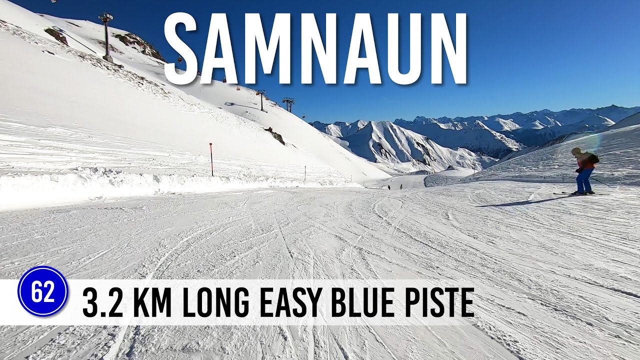 Skiing 3.2km long easy blue piste 62 in Ischgl Samnaun