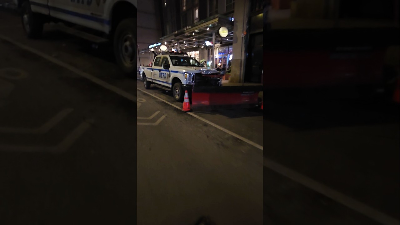 NYPD Traffic Operations Division Pick Up Outfitted With A Snow Plown In Midtown, Manhattan, NYC