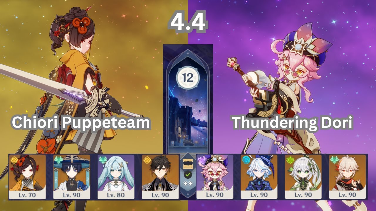Chiori Puppeteam & Thundering Dori | 4.4 Spiral Abyss Genshin Impact | Continuous Run