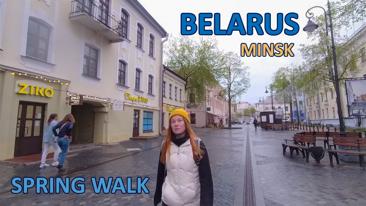 Belarus, Center of Minsk, Spring City Walk. Rain and Sun. Streets, People and Architecture.